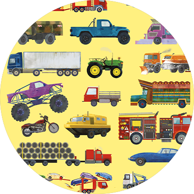 En masse forskellige køretøjer på en gul baggrund.