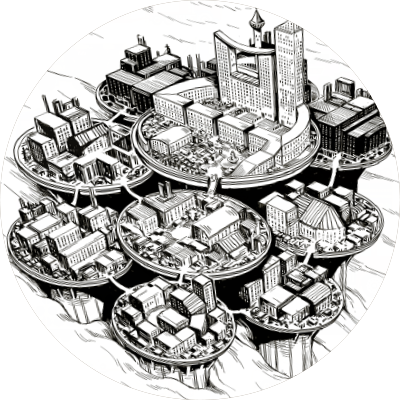 En tegning i sort-hvid af en by bygget på platforme.