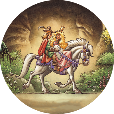 En prins og en prinsesse, der rider på en hest.