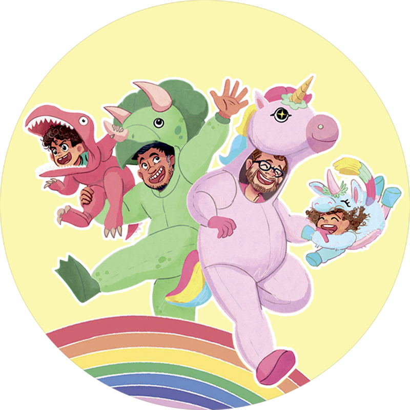 Tegning af familien Arianto i dino og enhjørninge kostumer. De danser på en regnbue.