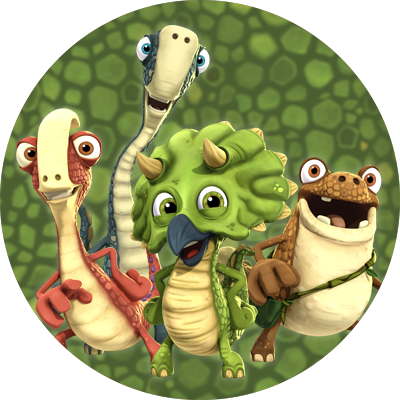 De fire dinosaurer fra "Gigantosaurus" på en baggrund, der ligner jungleplanter.