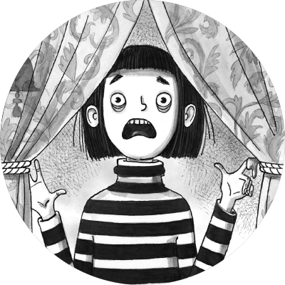 En pige kigger ind ad et gardin. Hun ser meget forskrækket ud.