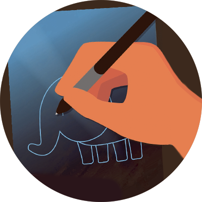 En hånd der tegner en elefant.