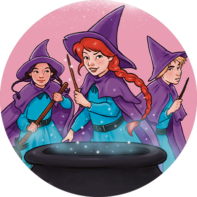 Tre hekse står rundt om en heksegryde.