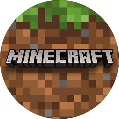 Et billede med teksten "Minecraft". I baggrunden ses en tegnet Minecraft-verden.