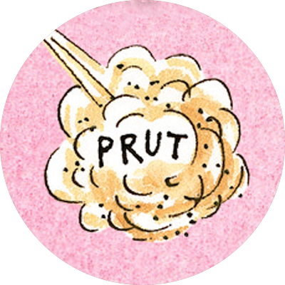 Noget der ligner en eksplosion og teksten "Prut".