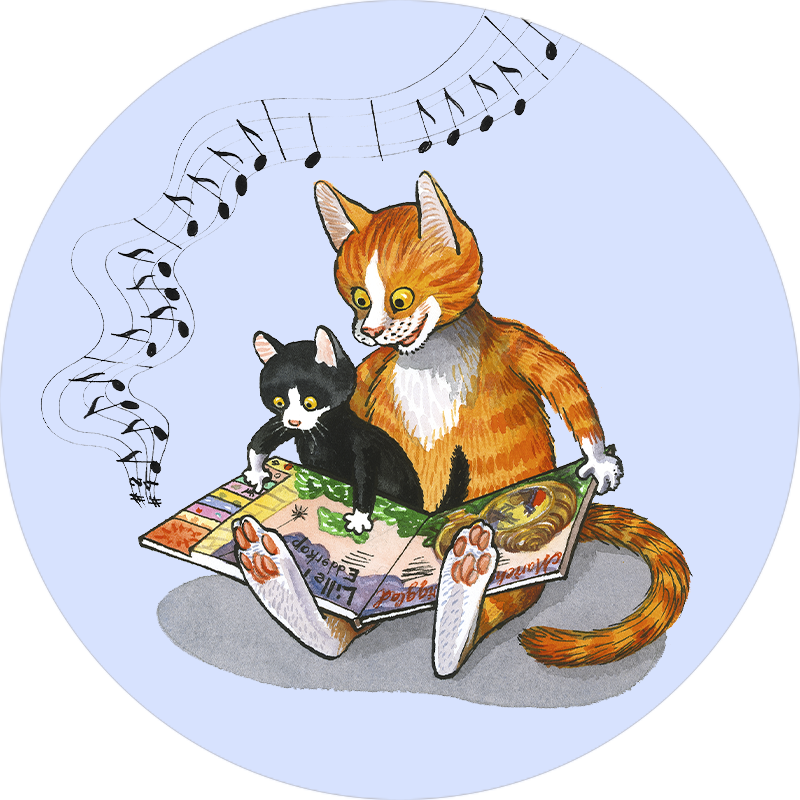 To katte sidder og kigger i en bog, hvor der kommer noder ud fra.