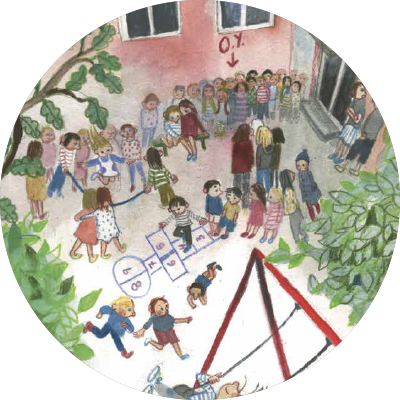 En tegnet skolegård.