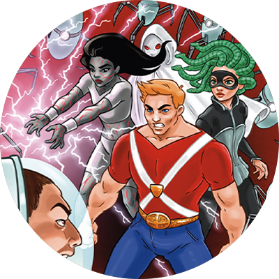 Superheltene Skjold, Medusa, Nordlys og GHOST fra De unge helte-serien.