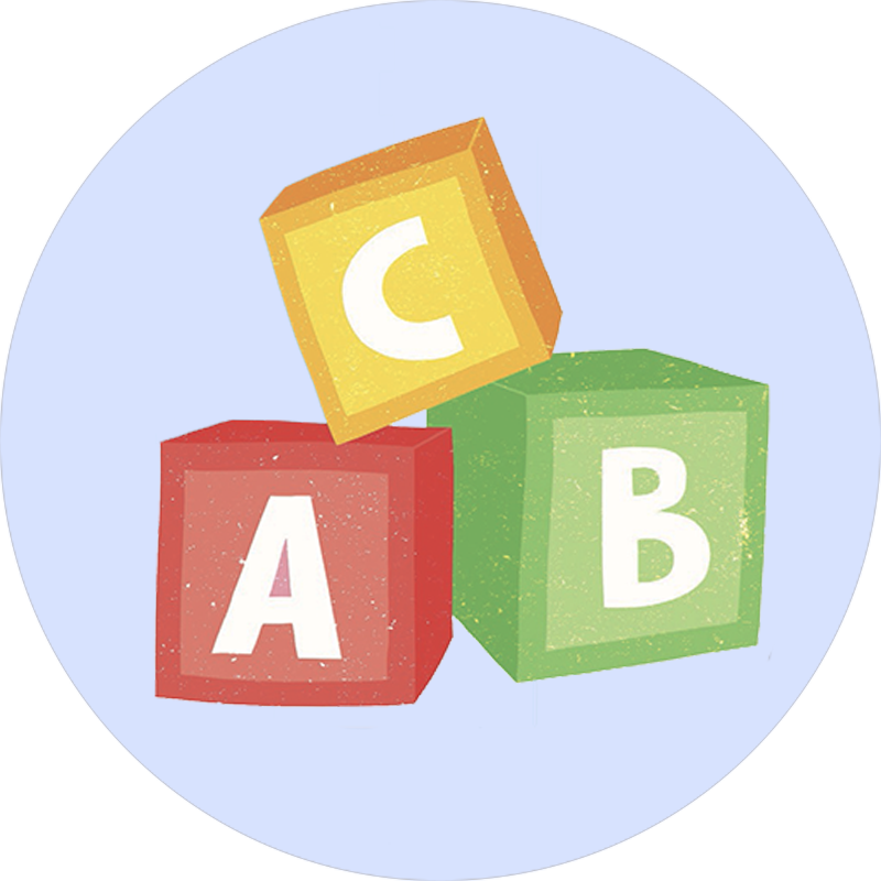 Tre klodser stablet ovenpå hinanden med bogstaverne ABC på.