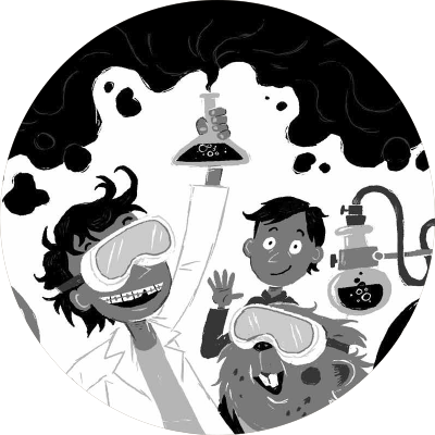 To børn og en hamster i videnskabstøj er i gang med et eksperiment.