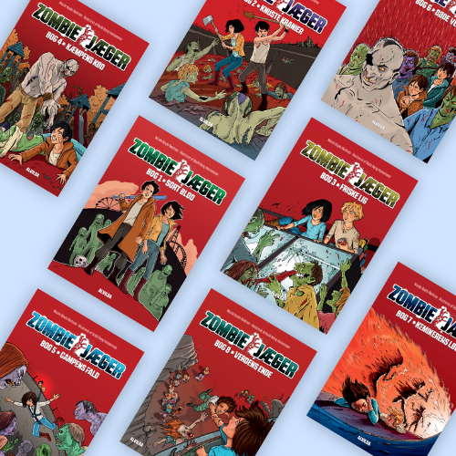8 forsider fra serien "Zombie-jæger" på en lyseblå baggrund