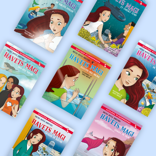 Alle 7 forsider fra serien Havets magi på en lyseblå baggrund