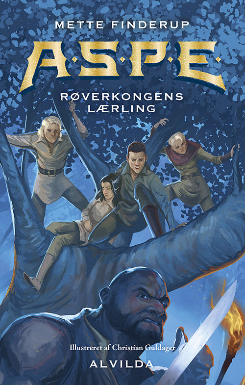 Forside til bogen A.S.P.E. 13: Røverkongens lærling. De fire medlemmer af A.S.P.E. - Alin, Silvius, Pilo og Ene - gemmer sig oppe i et træ. Ene er besvimet, og Pilo holder hende oppe. Under dem går der røvere med ildfalker. I midten er der en rigtig sur og stor røver med et hævet sværd.