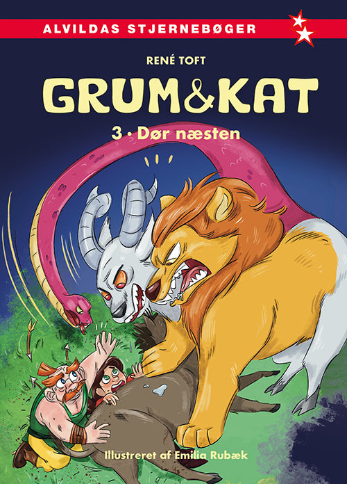 Forside til bogen Grum & Kat 3: Dør næsten. Hovedpersonerne, dværgen Grum og pigen Kat, er fanget under et stort monster med tre hoveder, der stirrer sultent på dem.
