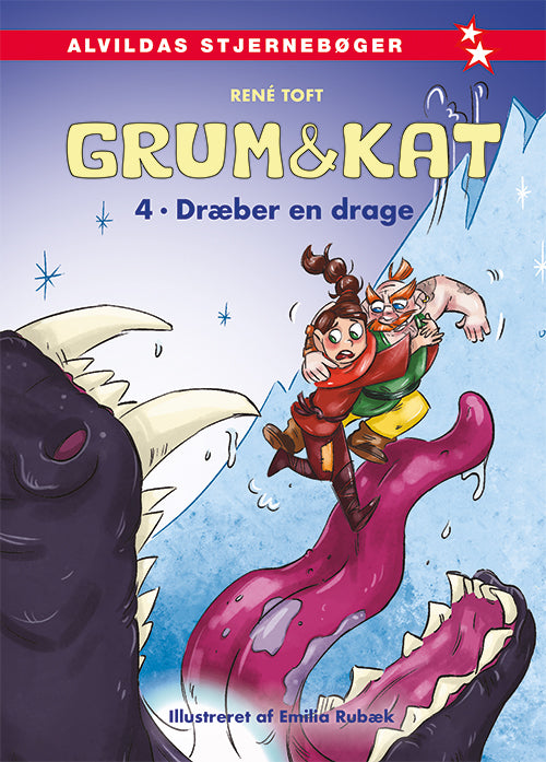 Forside til bogen Grum & Kat 4: Dræber en drage. Bogens hovedpersoner, Grum & Kat, som er en dværg og en fattig pige, er ved at falde ned i gabet på en kæmpestor sort drage.