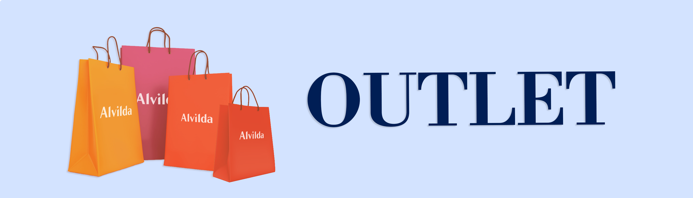 Lyseblåt banner med 4 shoppingposer i venstre side, hvorpå der står 'Alvilda'. I højre side står teksten 'Outlet'
