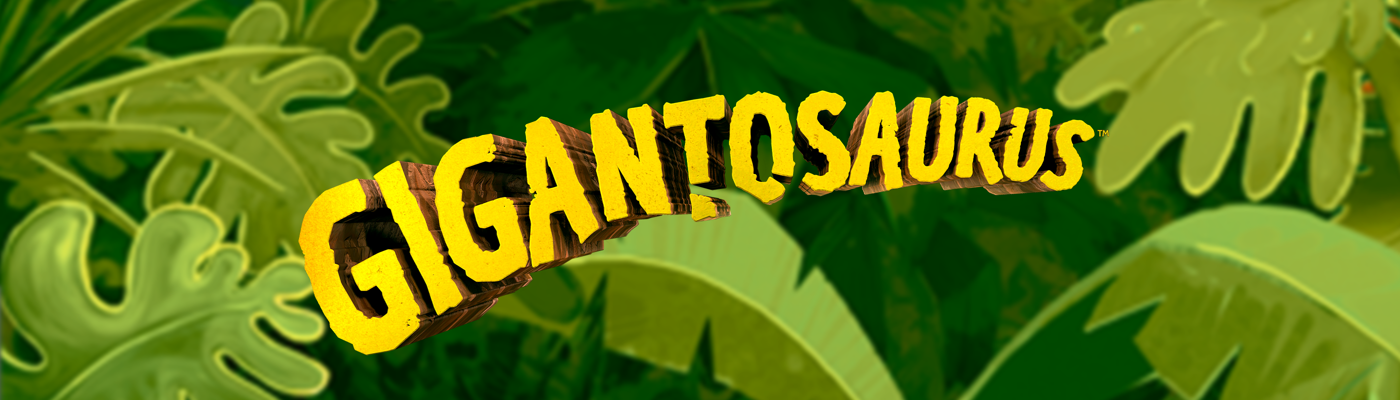 Et banner med teksten "Gigantosaurus" på en baggrund, der ligner jungleplanter.