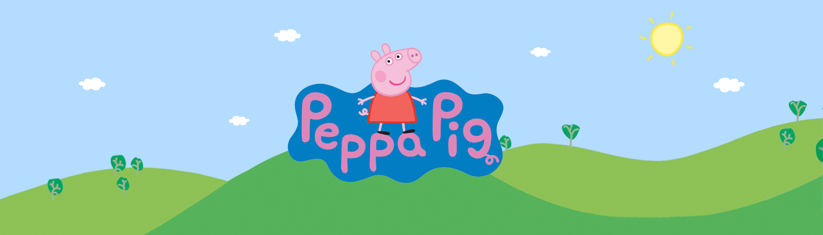 Et banner med græsplæne, blå himmel, figuren Gurli Gris og teksten "Peppa Pig"