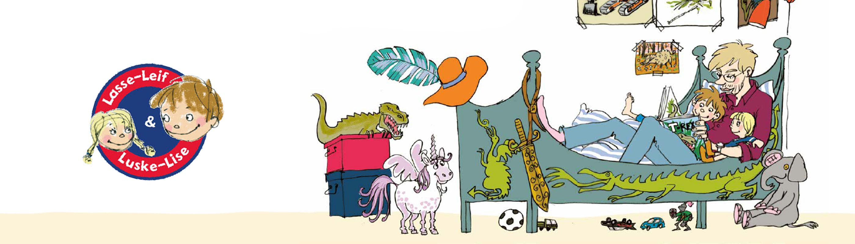 Et banner med teksten "Lasse-Leif og Luske-Lise" samt de to figures ansigter. Til højre ses Lasse-Leif, Luske-Lise og far, der læser en historie i Lasse-Leifs seng.