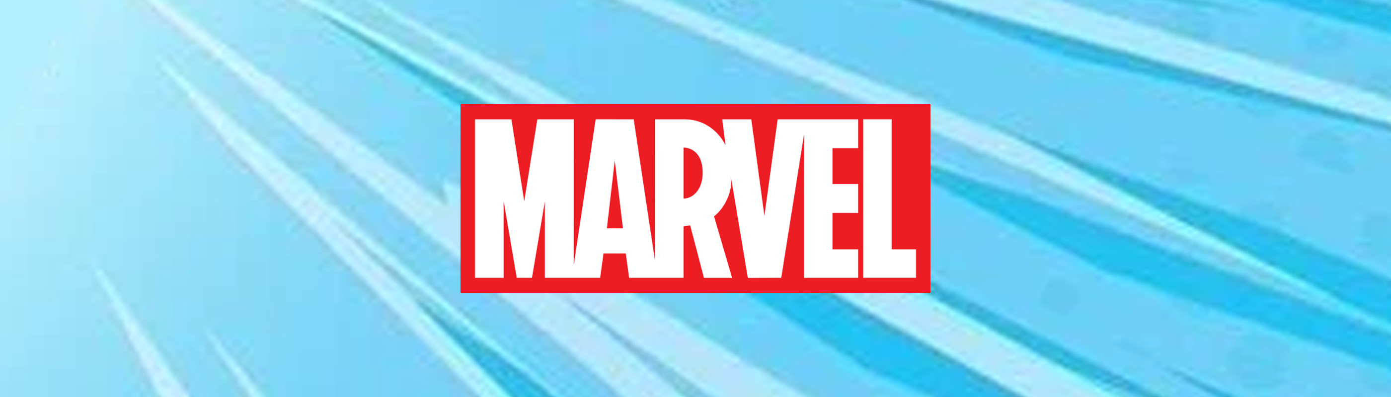 Et lysteblå banner med teksten "Marvel" i en rød kasse.