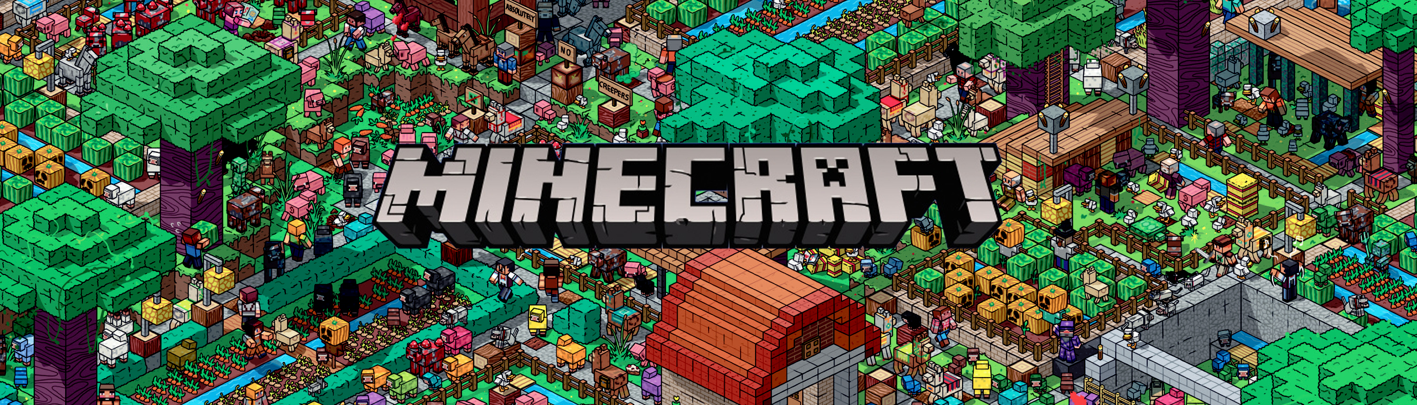 Et banner med teksten "Minecraft". I baggrunden ses en tegnet Minecraft-verden.