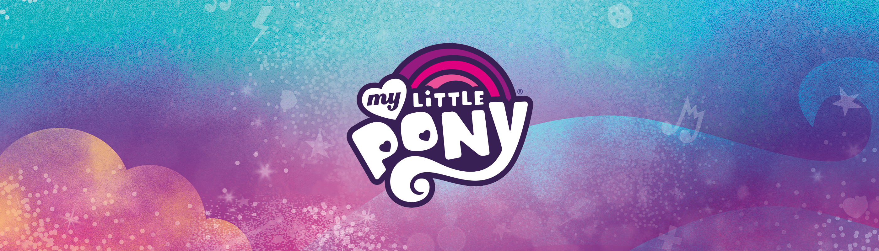 Lyserødt og -blåt banner med teksten "My Little Pony".