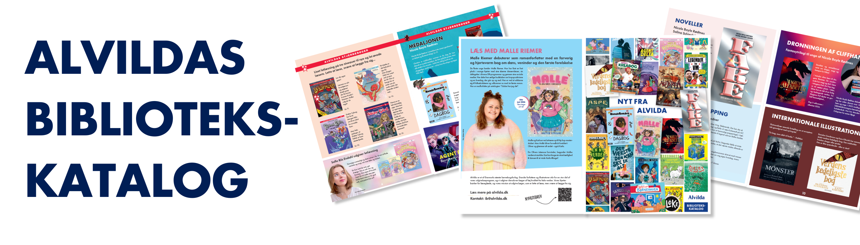 Banner med teksten "Alvildas bibliotekskatalog" og billeder af kataloget på hvid baggrund.