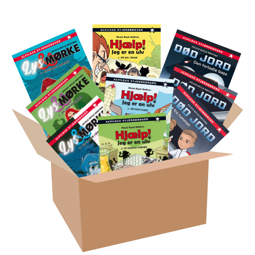 En papkasse med alle bøgerne fra d tre serier "Lys og mørke", "Død jord" og "Hjælp! Jeg er en ulv"