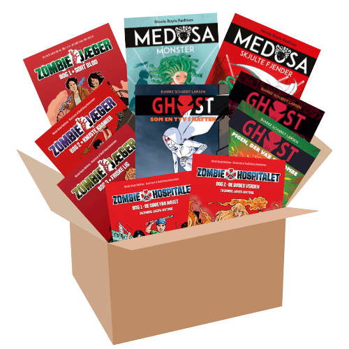 En papkasse med alle bøgerne, der er med i tilbuddet stikkende ud.