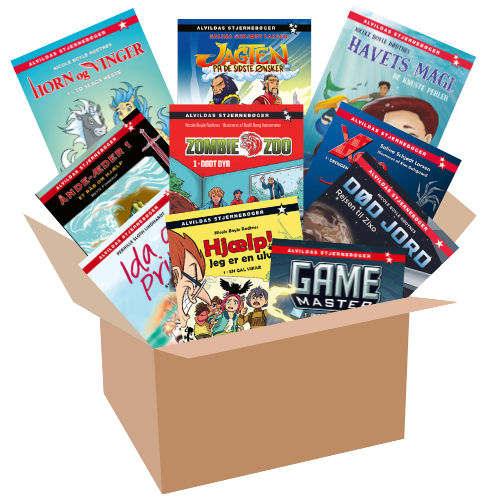 En papkasse med alle bøgerne, der er med i tilbuddet stikkende ud.