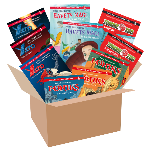 En papkasse med alle bøgerne, der er med i tilbuddet stikkende ud.