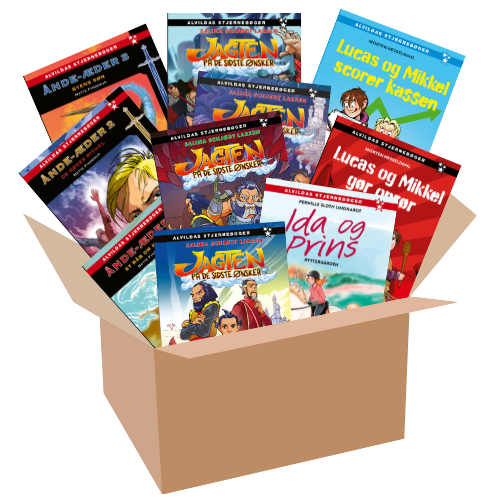 En papkasse med alle bøgerne, der er med i tilbuddet stikkende ud.