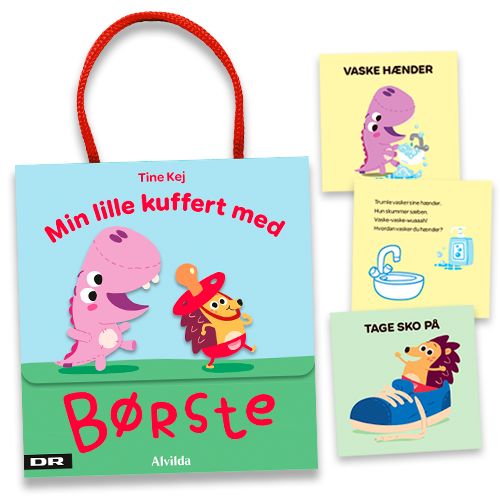 Forside fra aktivitetsæsken "Minisjang - Min lille kuffert med Børste" samt 3 opslag fra kufferten.
