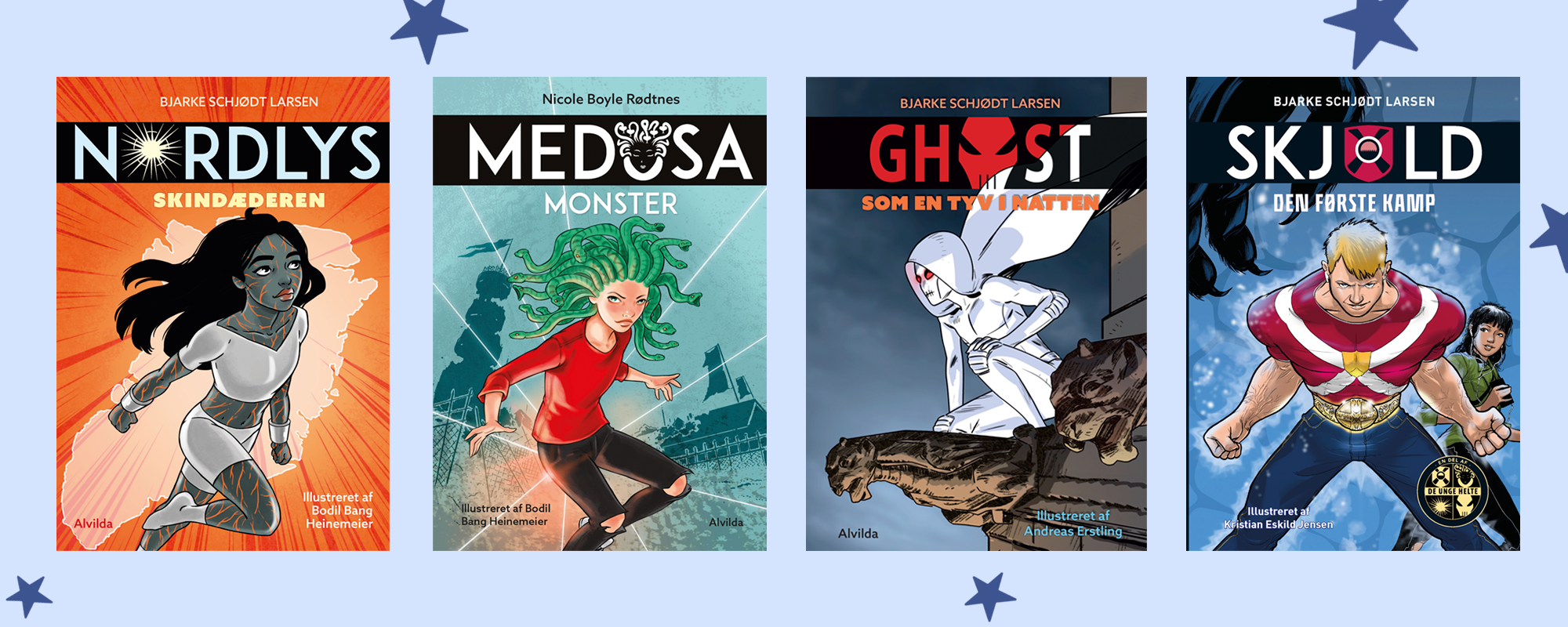 Banner med forside til fire bøger fra "De unge helte"-universet. Bøgerne er "Nordlys 1", "Medusa 1", "GHOST 1" og "Skjold 1"