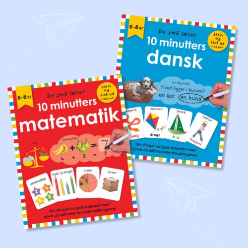 To bøger om matematik og dansk. Lyseblå baggrund med papirsflyvere.