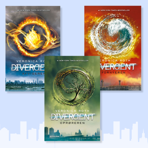Forsider fra alle tre bøger i serien Divergent på en lyseblå baggrund