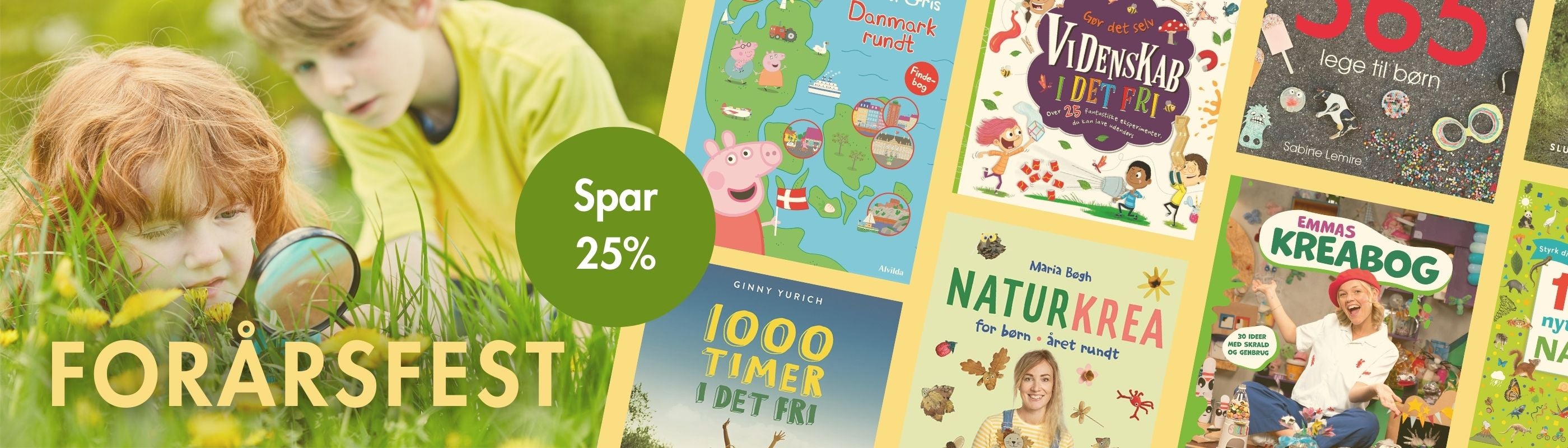 Banner med en masser forside på bøger, der er gode til forårstiden samt et foto af to børn, der leger med et forstørrelsesglas på en græsplæne. Tekst på banneret: Forårsfest. Spar 25%.