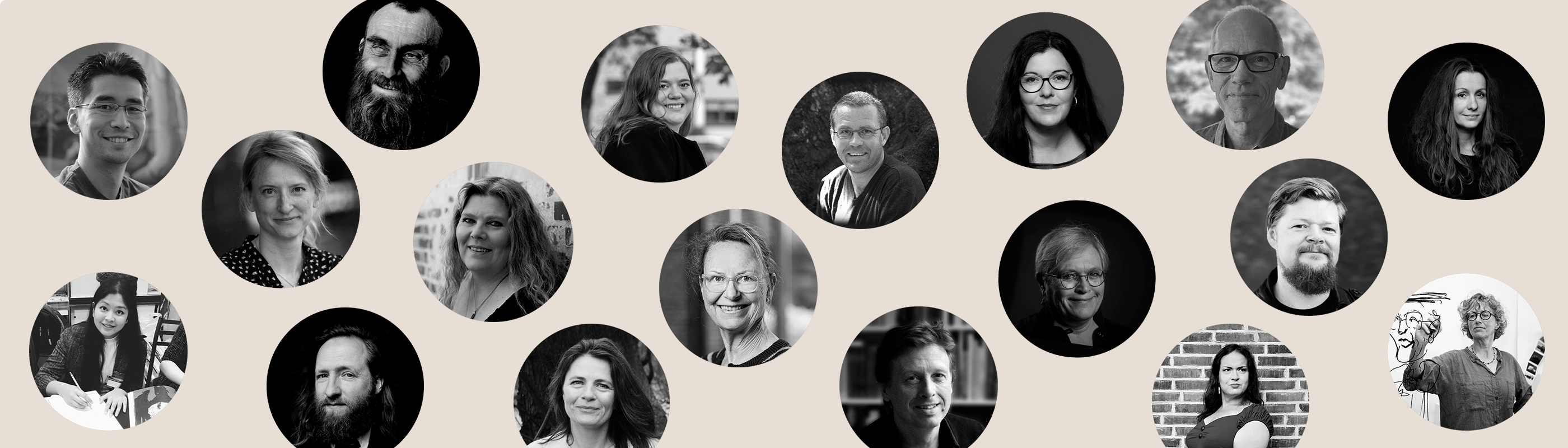 Banner med mange små billeder af Alvildas forfattere.