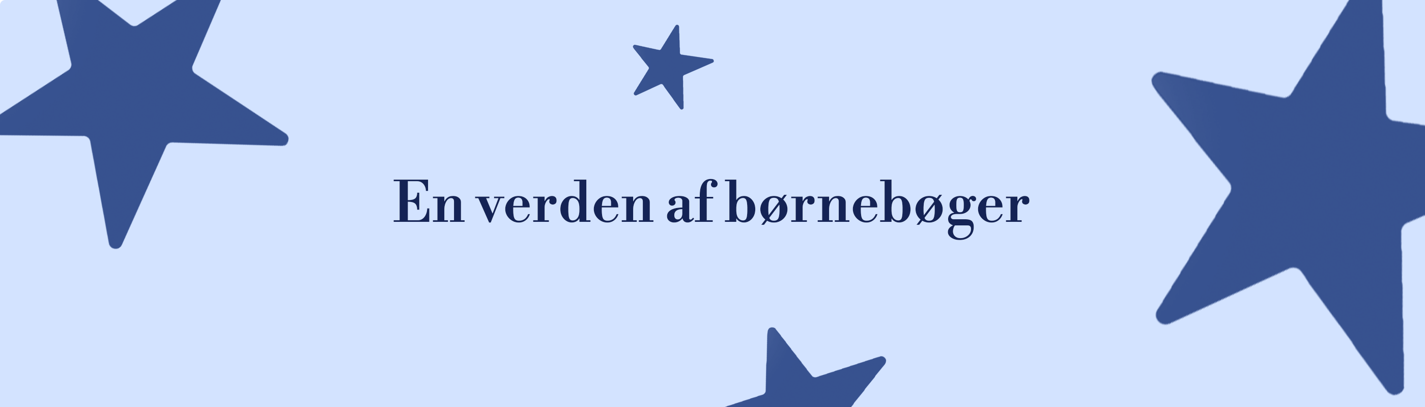 Et lyseblåt banner med mørkeblå stjerner og teksten "En verden af børnebøger"