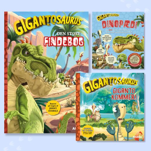 Billede med forsiderne til bøgerne "Gigantosaurus - Giganto kommer!", "Gigantosaurus - Den store findebog!" og "Gigantosaurus - Dinopædi".