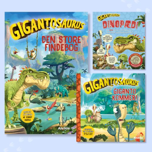 3 bøger fra Gigatosaurus-universet. Lyseblå baggrund