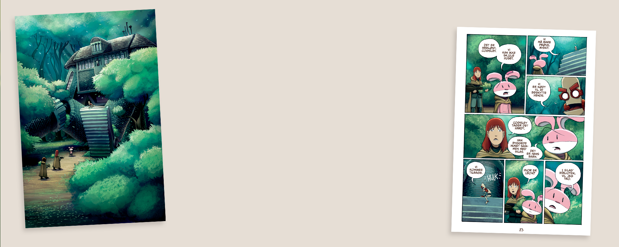 Billede med to opslag fra bogserien Amulet på en beige baggrund.