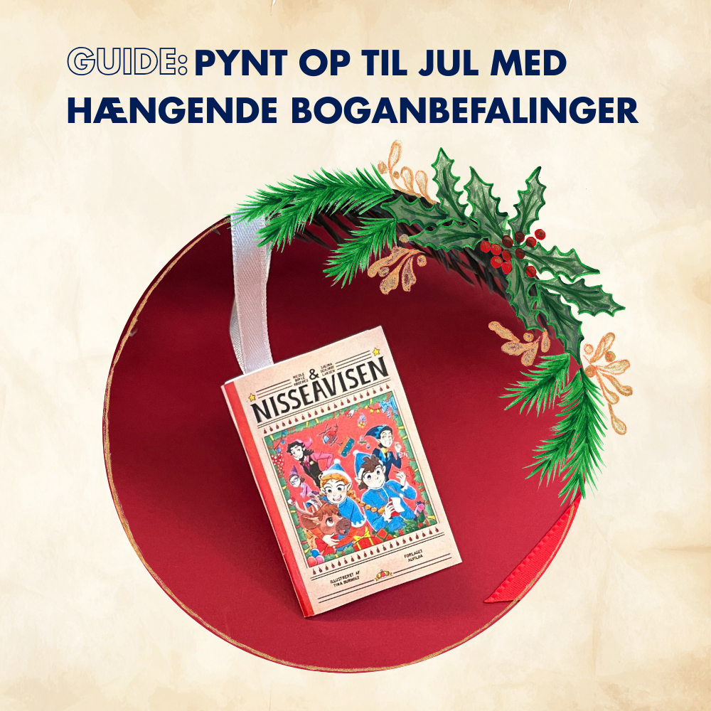 På billedet ses en minibog og gran samt teksten: ”Guide: Pynt op til jul med hængende boganbefalinger.”
