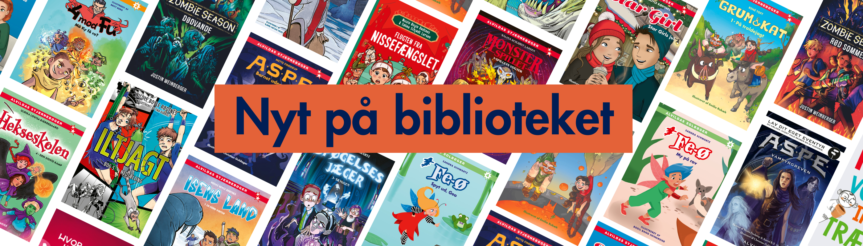 En masse bogforsider fra Alvildas bøger samt teksten "Nyt på biblioteket"