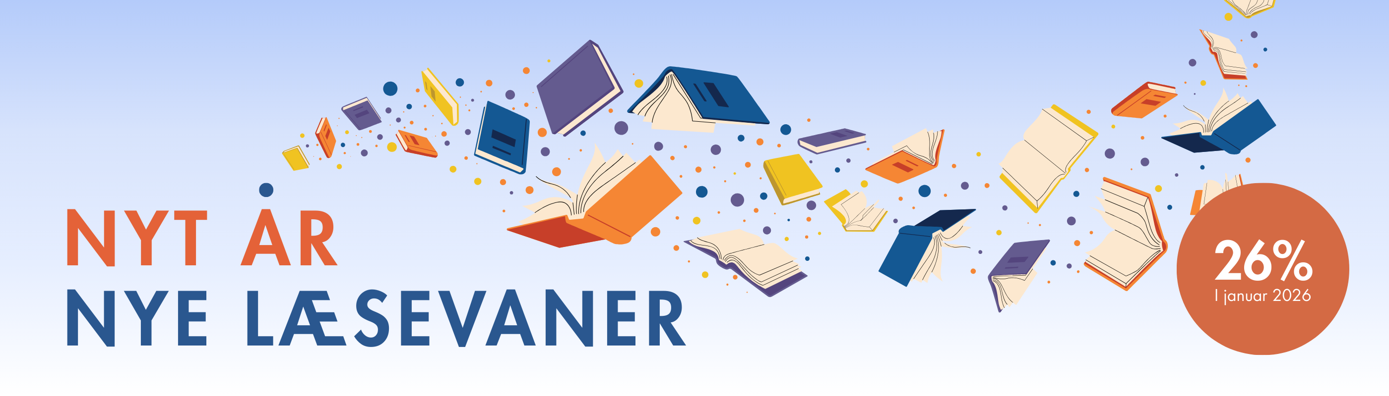 Banner med blå baggrund med flyvende bøger og teksten ”Nyt år, nye læsevaner” samt ”26% i hele januar”