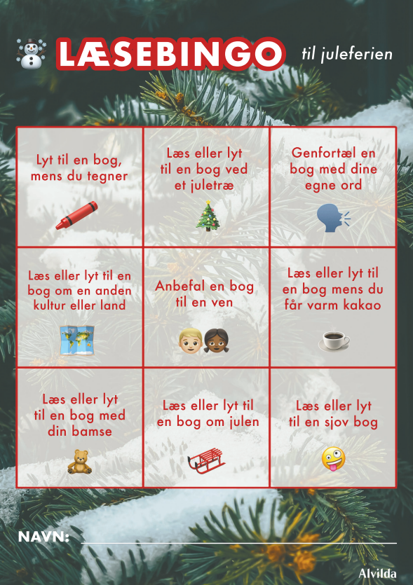Alvildas læsebingo til juleferien. 9 forskellige felter,, hvor man kan krydse af, når forskellige læseudfordringer er opnået.