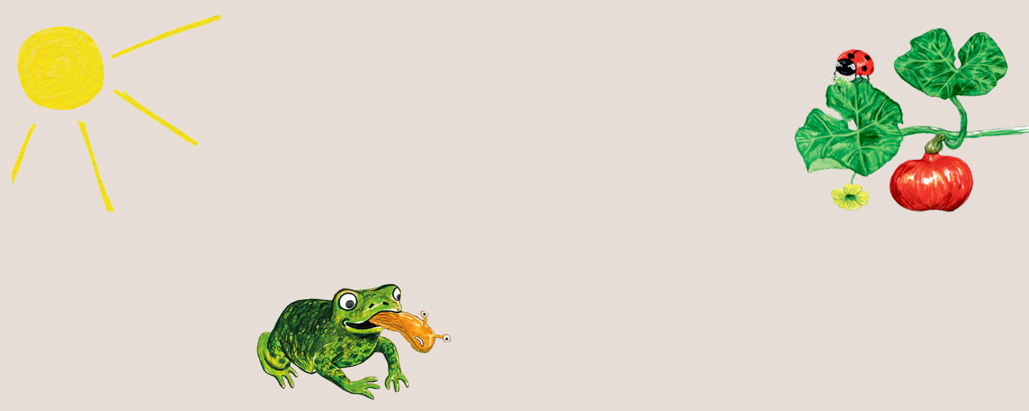 Beige banner med en sol i venstre hjørne, en lille grøn frø og en tomatplante, hvor der kravler en mariehøne på.
