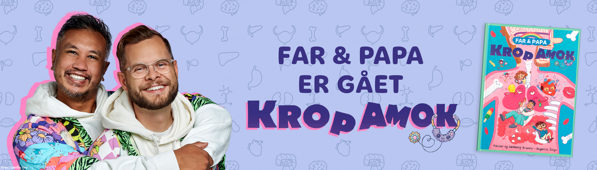 Portrætfoto af Kaspar og Lambang Arianto med teksten “Far & Papa er gået helt krop amok”. 3D bog med den illustrerede bogforside. Baggrunden af billedet er en masse små tegninger af organer.
