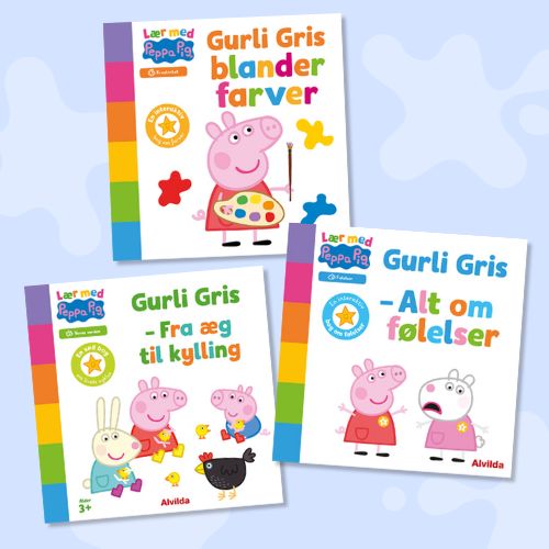 3 bøger i serien Lær med Gurli Gris. Lyseblå baggrund med lyse malerpletter.